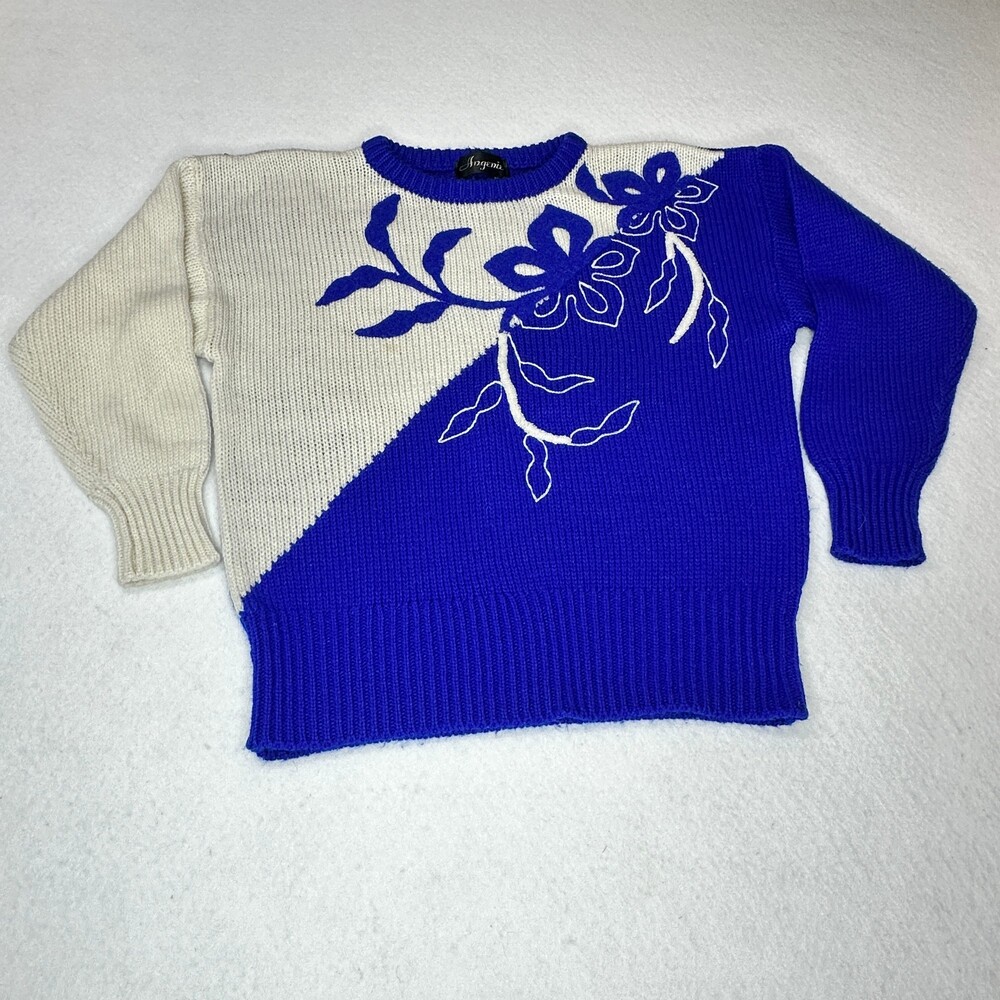 VTG Angenie Floral Colorblock Knit Sweater Blue Cream